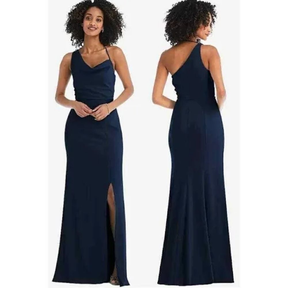 NWT After Six Midnight Navy One Shoulder Maxi Gown | Cowl Neck | Size 20